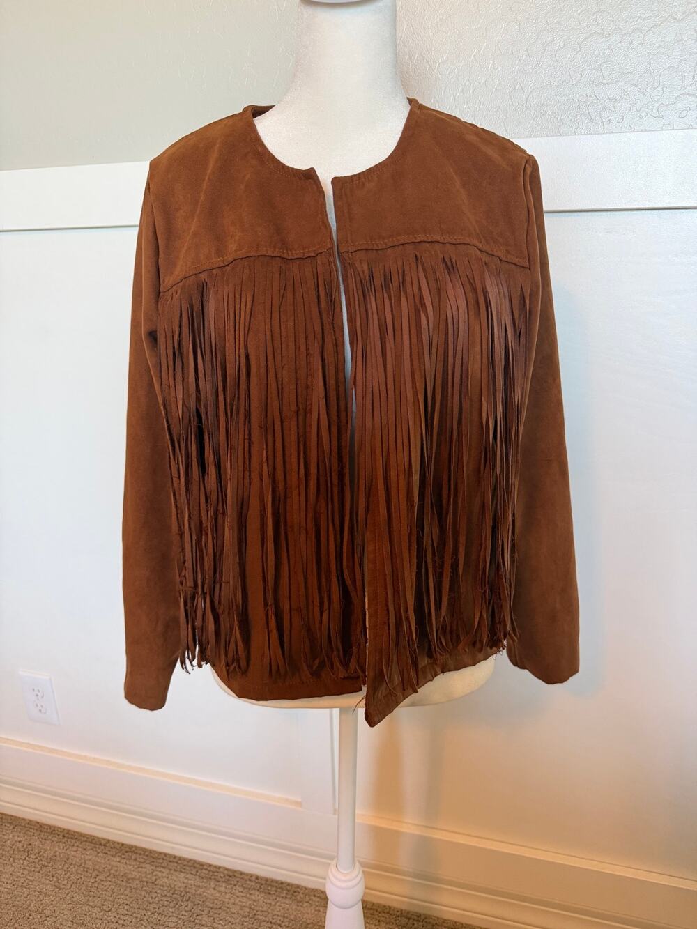 Vintage Brown Fringe Suede-Style Jacket XL Boho Western 70s